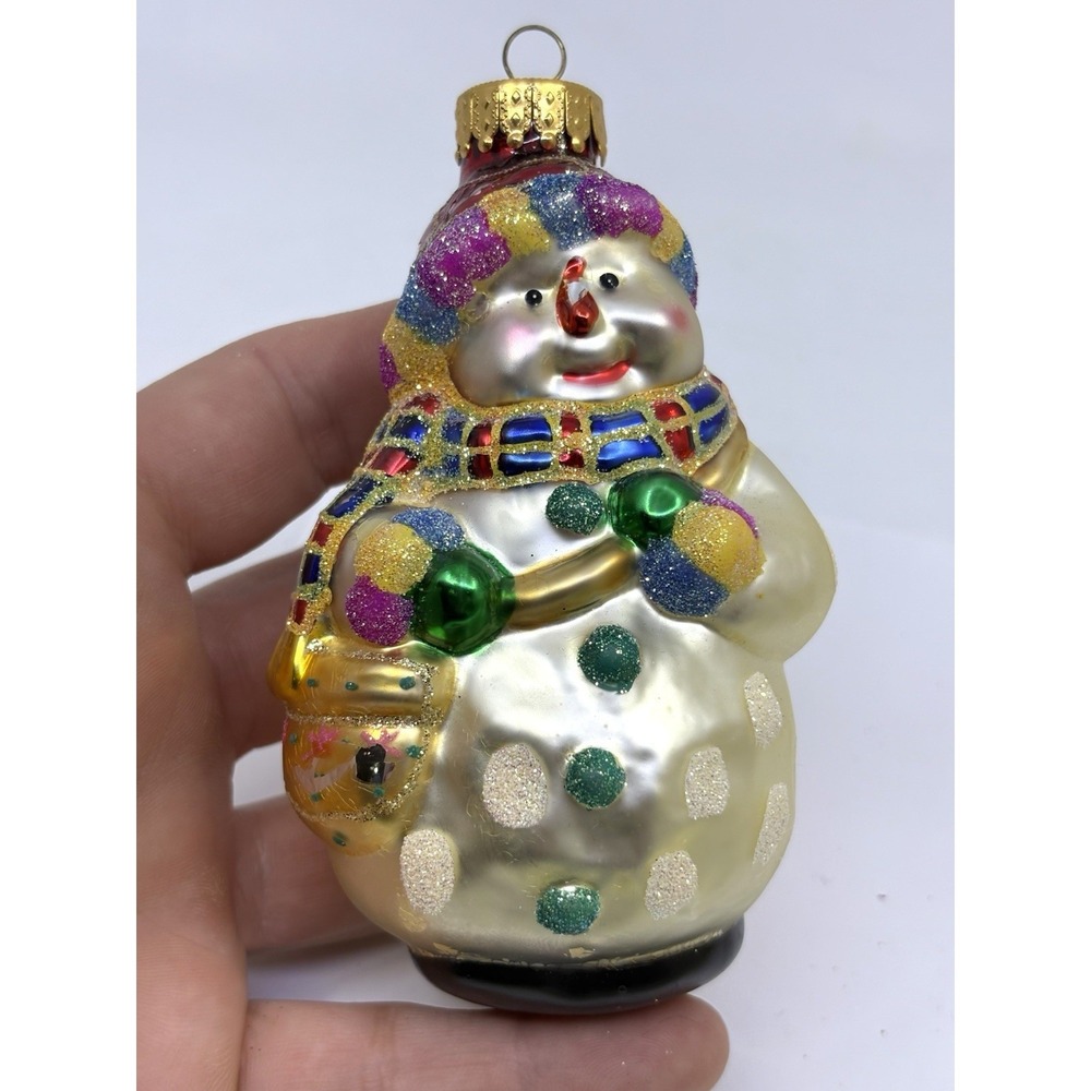 Vtg Blown Glass Christmas Ornament Festive Snowman 4"tall Read*